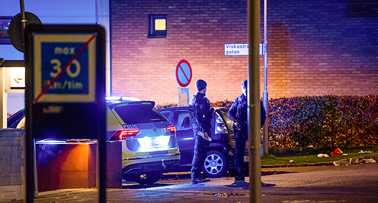 Bilden är tagen utomhus i staden Borås. Det är ganska mörkt. Två poliser står på en gata, bredvid en polisbil.