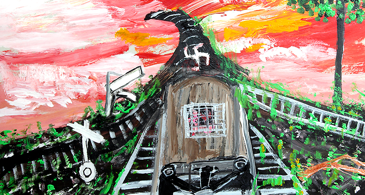 En målning i starka färger av en tågvagn som rullar in i ett koncentrationsläger