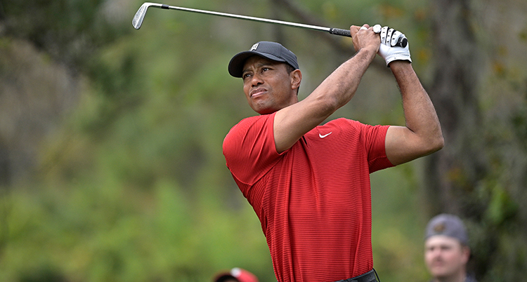 Tiger Woods har just slagit iväg en golfboll. Efter svingen har han klubban över huvudet med båda händerna. Han tittar efter den.Han har röd tröja och svart keps.