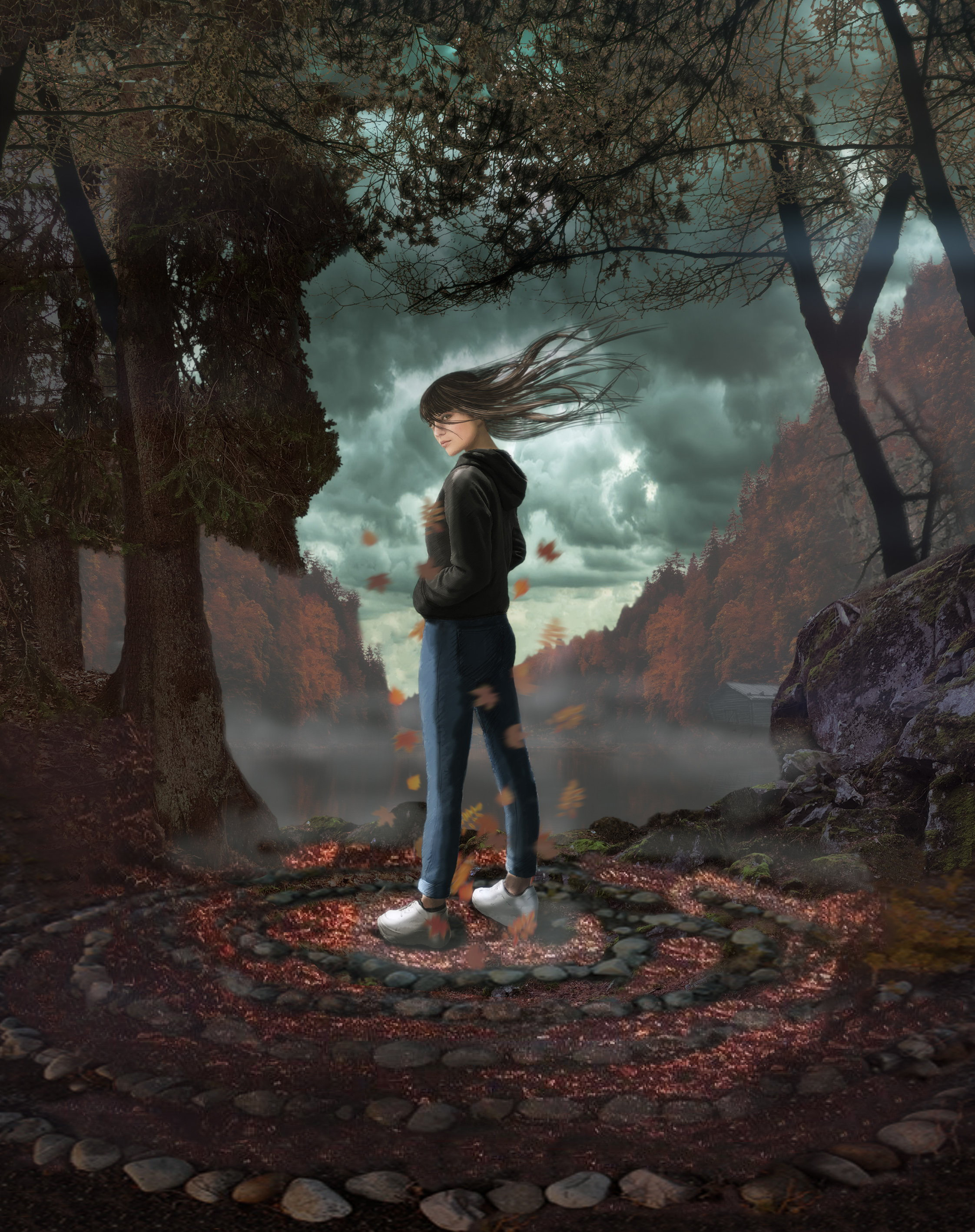 En målad bild. En flicka står i en skog.