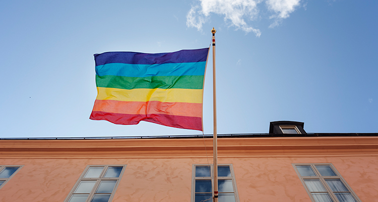 En flagga sitter på ett hus. Den är i regnbågens färger. Det blåser och hela flaggan syns.