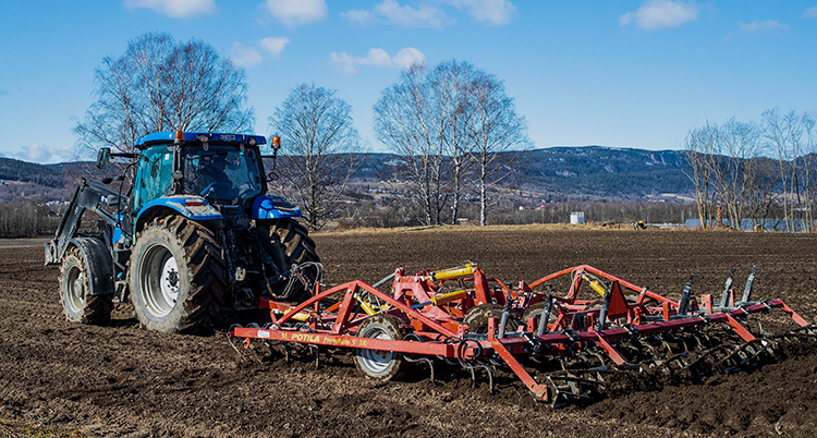 En blå traktor med en röd harv kopplad efter sig kör på en brun, lerig åker. Träden är kala på löv, det är tidig vår.