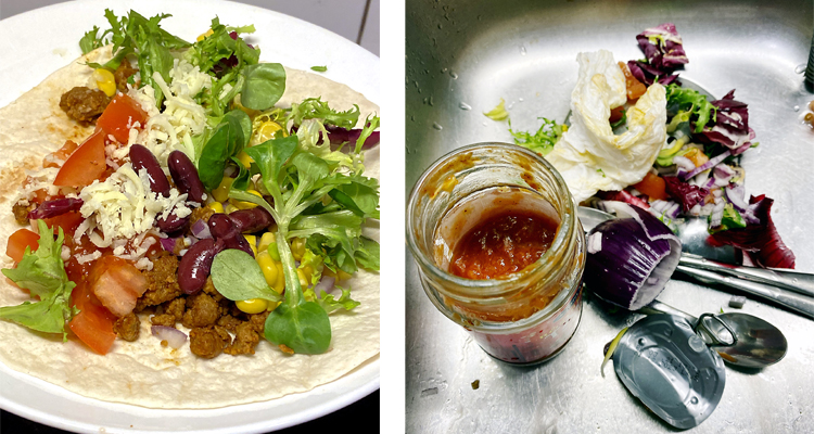 Två bilder. Den vänstra en bild på tacos. Den högra en bild på en burk sås i en diskho.