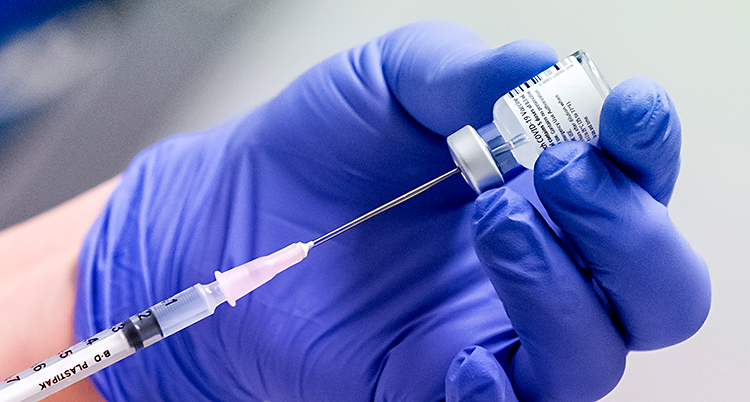 En hand med en lila handske håller i en liten flaska med vaccin. En spruta sticks in i flaskan.