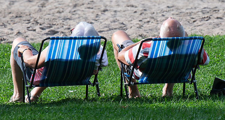 Bilden är tagen utomhus. Två personer sitter i varsin solstol på en gräsmatta. Vi ser dem bakifrån.