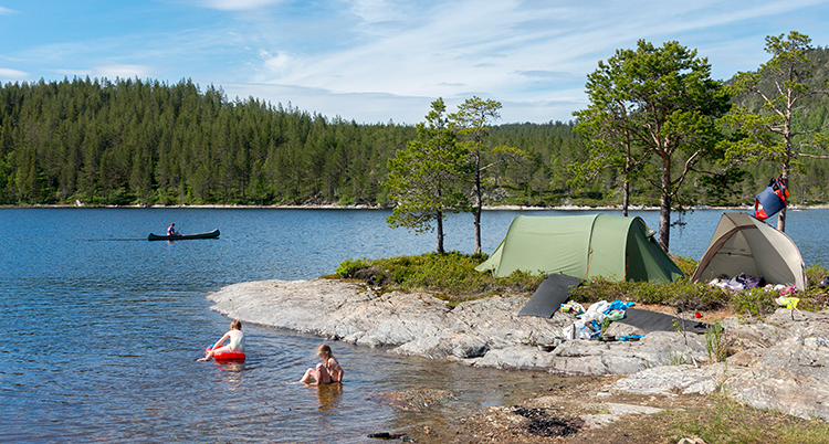 En udde i en sjö. Där står två tält. Några barn badar vid udden.