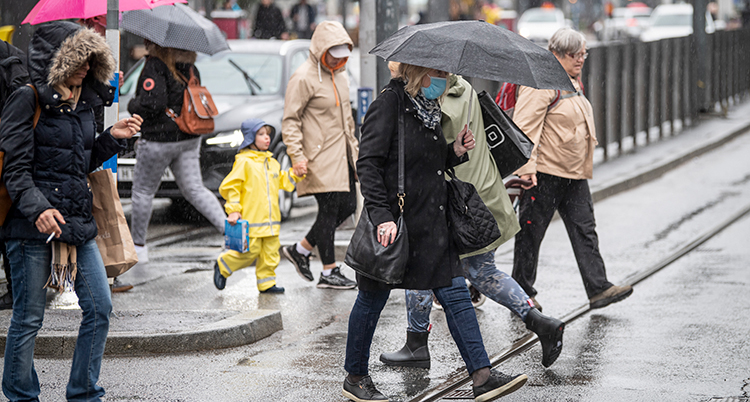 Människor går på en gata. Det regnar och de har paraplyer. En del har munskydd.