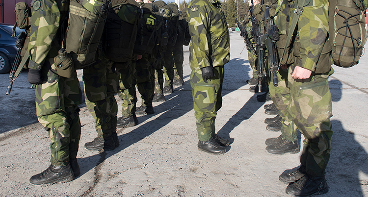 Militärer står på rad vid utbildningen i Enköping.