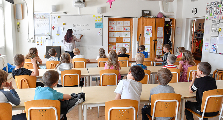 Ett klassrum. Elever tittar på tavlan där en lärare skriver.