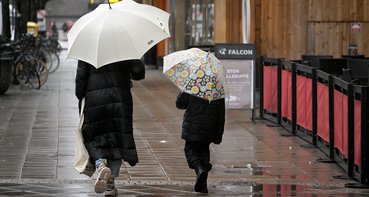 en vuxen och ett barn går med varsit paraply på en regnig gata.