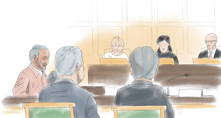 En tecknad bild från rättegången.