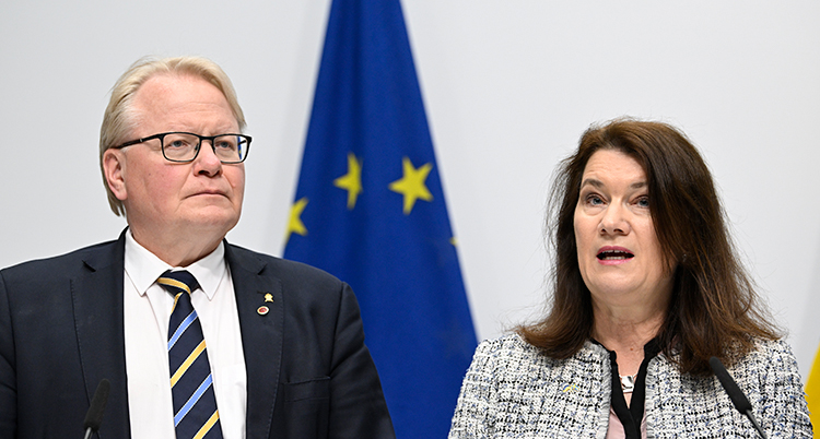 Hulqvist och Linde framför en EU-flagga.