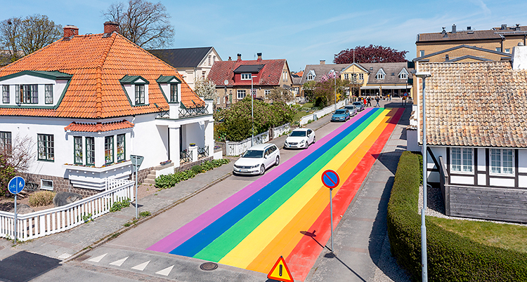 En gata omgiven av hus. Gatan är målad i regnbågens färger.