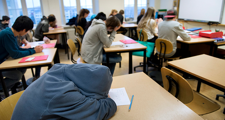 Elever i ett klassrum. En elev närmast kameran ligger och vilar med huvudet mot bänken.