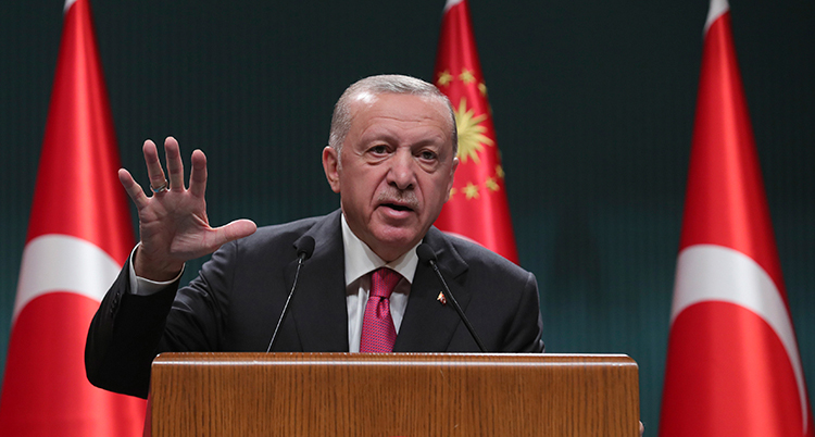 Erdogan i en talarstol framför turkiska flaggor.