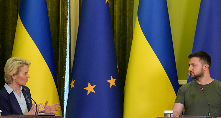 De tittar på varandra och syns i profil. Bakom finns Ukrainas och EUs flaggor.