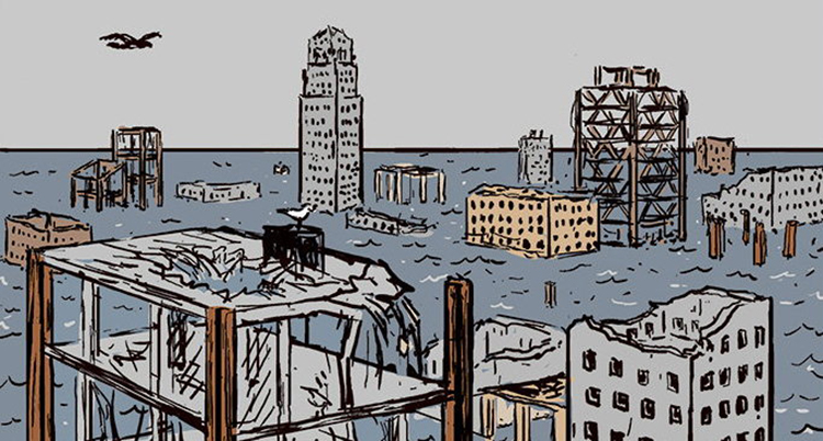 En tecknad bild på höghus som sjunker i vatten.