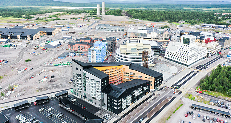 En bild från luften som visar det nya Kiruna centrum.