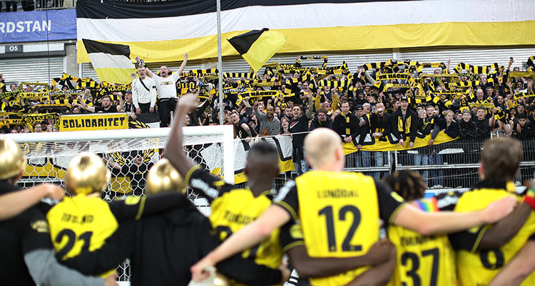 Laget firar med supportarna, alla har gult och svart på sig.