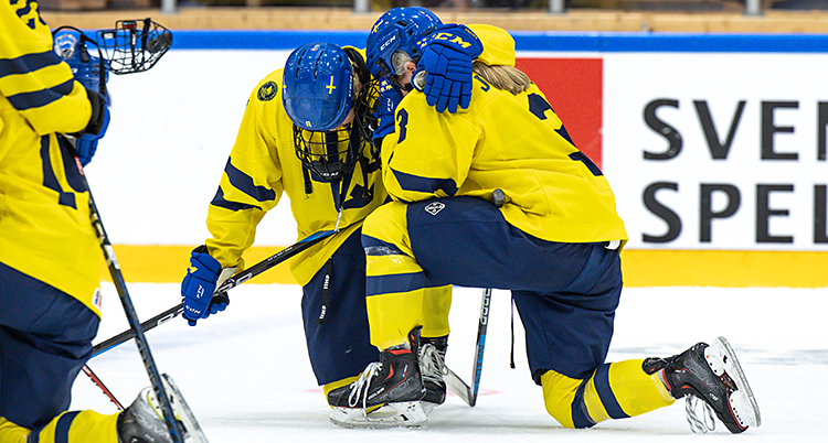 Två spelare i ishockey. De står på knä på isen. De ser ledsna ut.