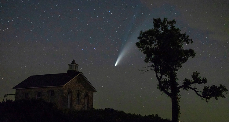 Siluetten av ett hus och ett träd syns mot en mörk himmel med stjärnor. På himlen syns en komet med en svans.