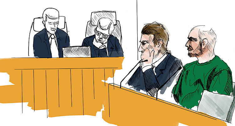 En teckning som visar fyra personer i en rättegångssal.