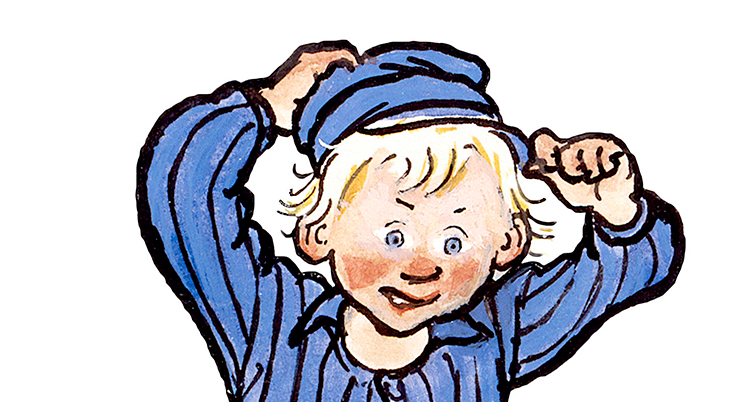 En tecknad bild av en pojke med ljust hår och en blå keps. Han håller händerna på huvudet.