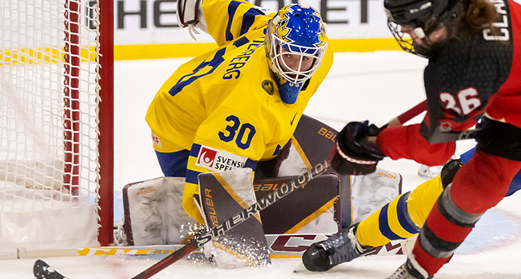 En kanadensisk spelare försöker göra mål i en match mot Sverige, i ishockey.