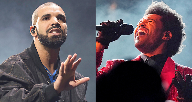 En delad bild. Till vänster en bild av artisten Drake. Till höger en bild av artisten The Weeknd.