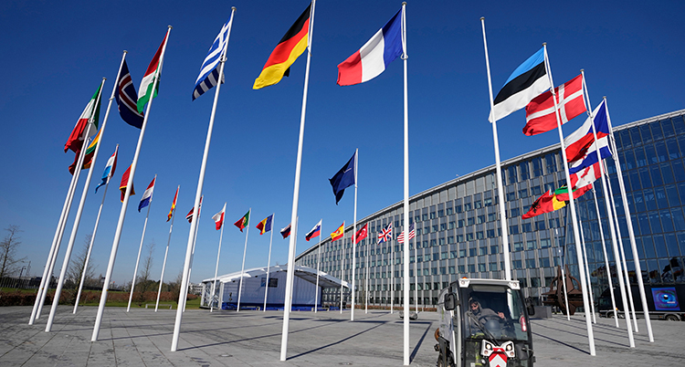 Flaggstänger i en ring utanför en stor byggnad. Det är alla medlemmar i Natos flaggor.