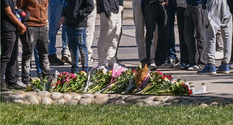 Nära bild på blommor. Många ben från folk på platsen syns också.