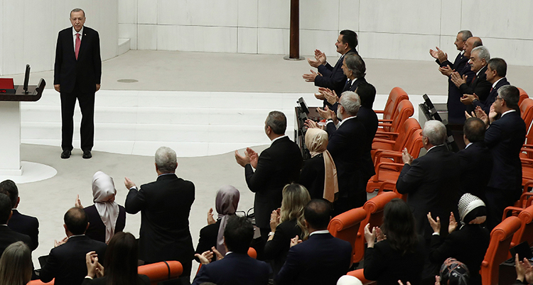 Erdogan står ensam framför en publik som applåderare.