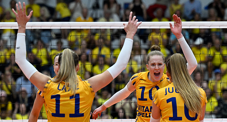 Flera spelare i gula tröjor står vid volleybollnätet. En spelare är vänd mot kameran och skriker av glädje.