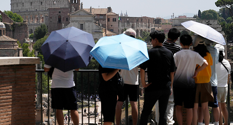Några personer står och tittar på Forum i Rom. De skyddar sig mot solen med paraplyer.