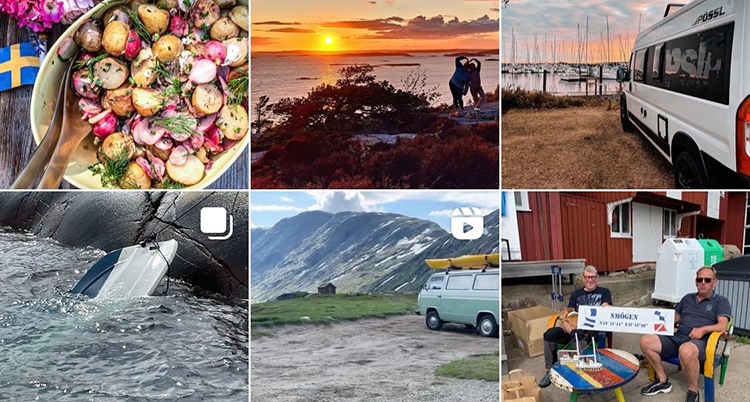 Flera små bilder ligger intill varandra. De visar mat, solnedgångar, resor.