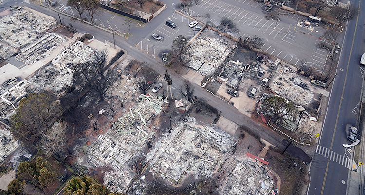 En bild från luften. Där nere syns gator, bilar och nerbrända hus.