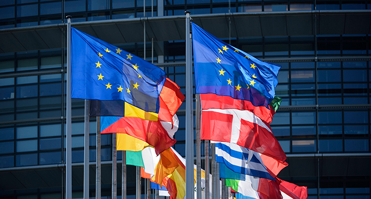 EUs flagga och stänger med andra flaggor bakom.