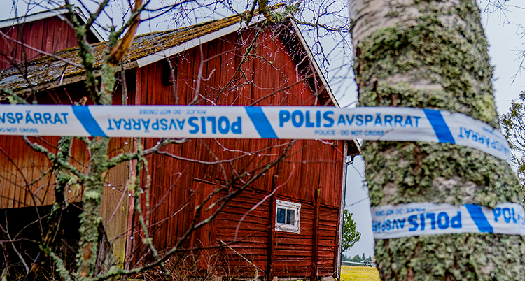 Tejp som det står polis avspärrat på sitter runt ett träd framför ett stort rött hus.