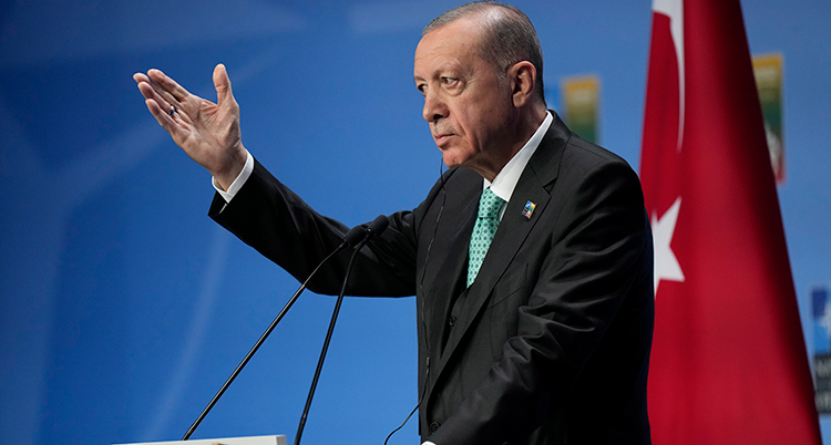 Erdogan talar och håller upp en hand.
