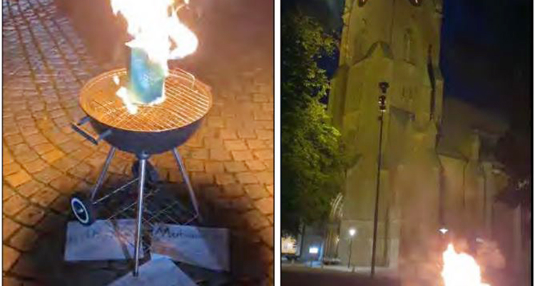 Två bilder. Bilden till vänster visar en koran som brinner på en grill. Bilden till höger visar hur grillen står framför domkyrkan i Linköping.