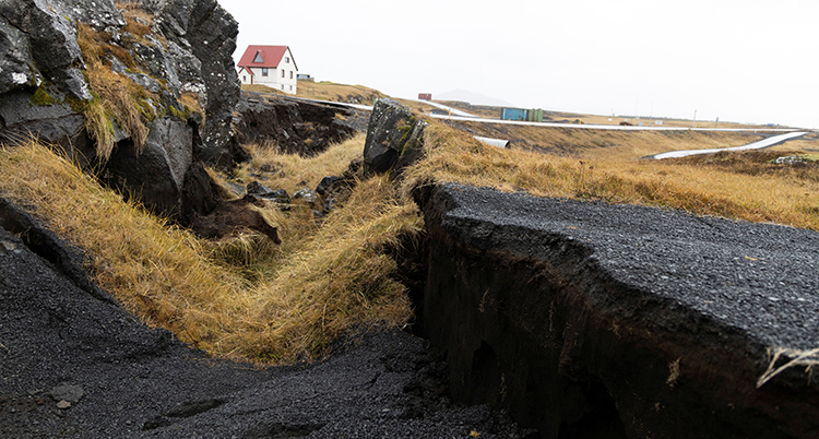 A general view of damage due to volcanic activity at a golf course, in Grindavik