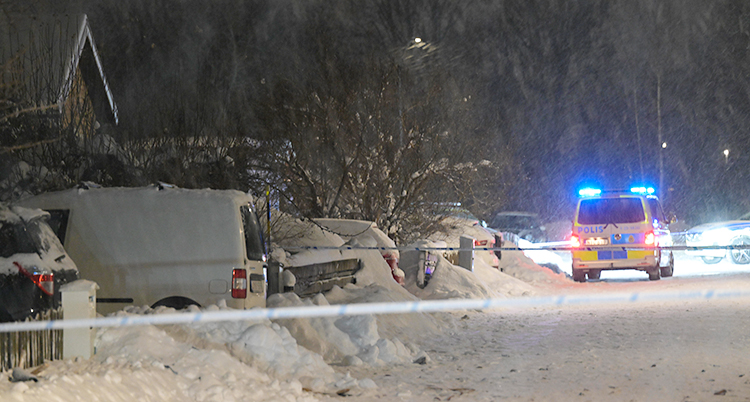 Det är mörkt ute och mycket snö. En polisbil står på gatan i ett område med villor.