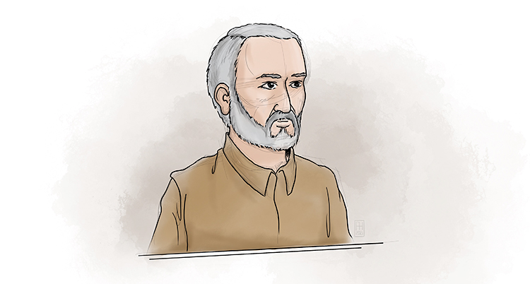En teckning av en man som har brun skjorta, grått hår och grått skägg.