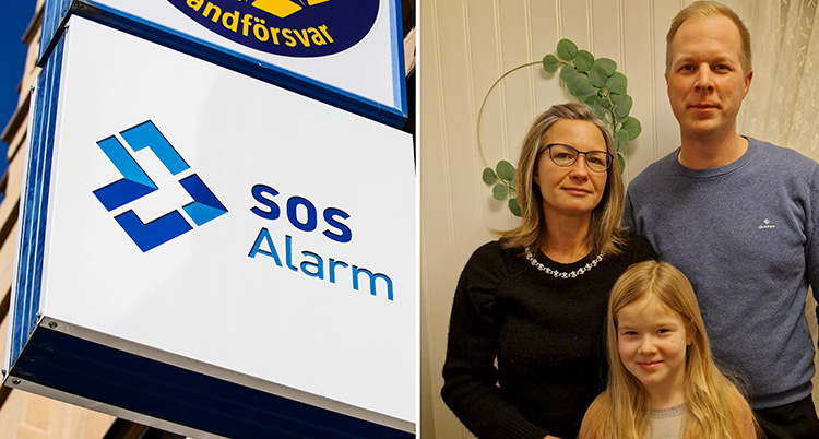 En delad bild. På vänstra sidan syns SOS Alarms skylt. På högra sidan syns familjen.