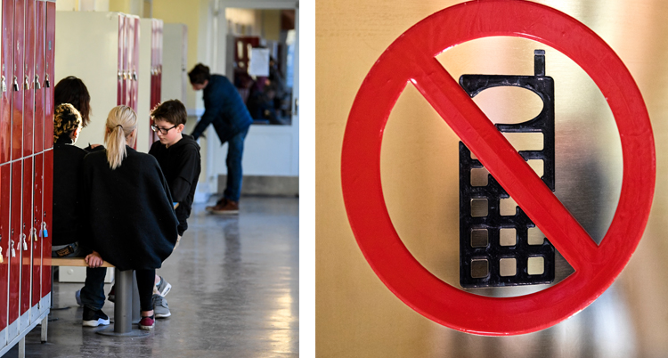 Två bilder. Den ena på elever i en korridor. Den andra på en skylt som kryssar över en mobil.
