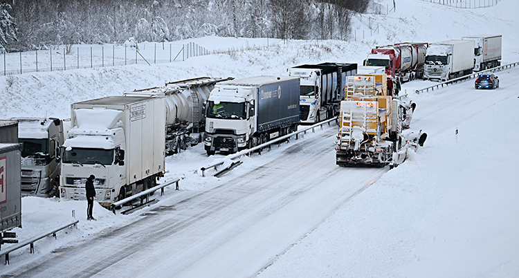 Flera lastbilar står på rad på en motorväg. Det är mycket snö.