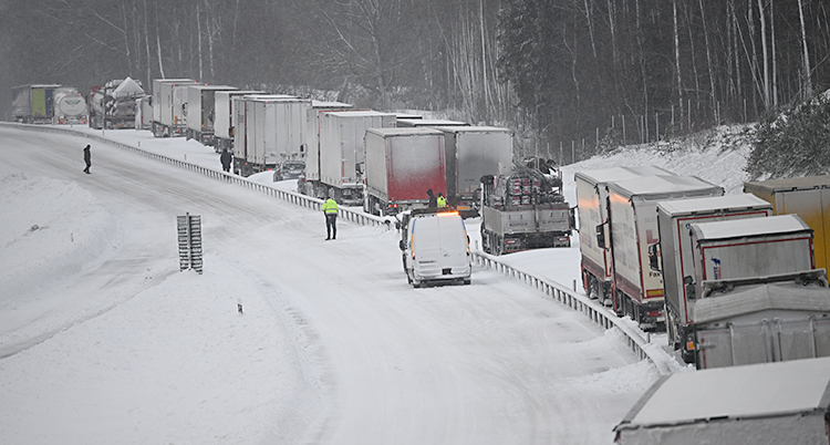 Det är vinter och snö. En massa lastbilar står still, i kö på en väg.
