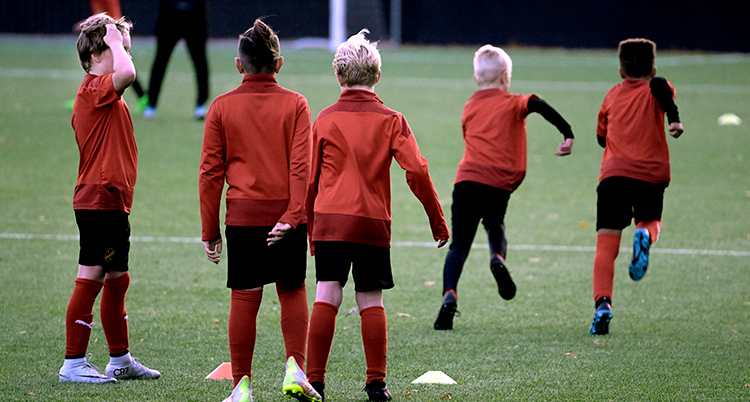 En grupp barn spelar fotboll.
