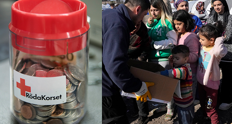 En burk med pengar som det står Röda korset på. På den andra bilden står människor och får paket med mediciner eller mat.
