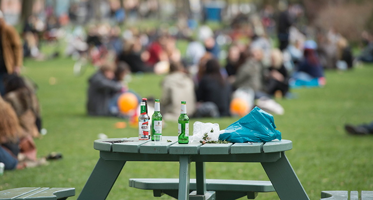 Ett bord med ölflaskor. Bakom syns folk som sitter i gräset.
